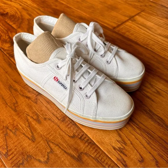 Superga White Multi Color Platform Rainbow Stripe Sneakers Size 6.5