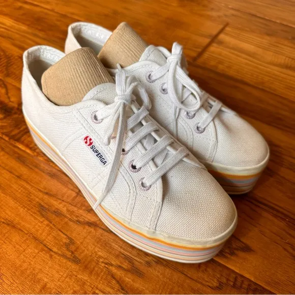 Superga White Multi Color Platform Rainbow Stripe Sneakers Size 6.5