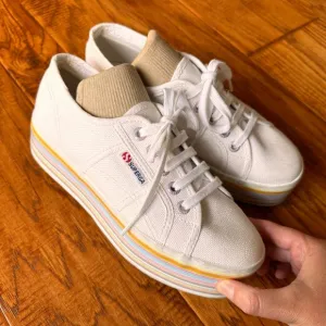 Superga White Multi Color Platform Rainbow Stripe Sneakers Size 6.5