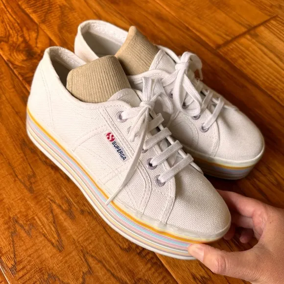 Superga White Multi Color Platform Rainbow Stripe Sneakers Size 6.5