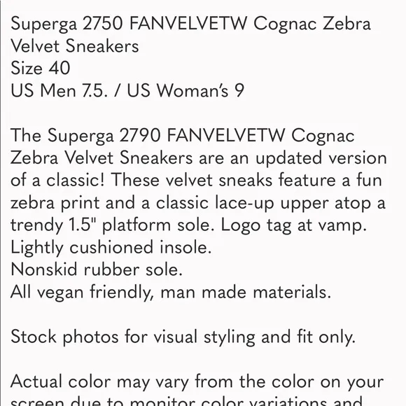 SUPERGA x ANTHRO COGNAC ZEBRA VELVET 2750 FANTASIA COLLECTION SNEAKERS SIZE 9.5