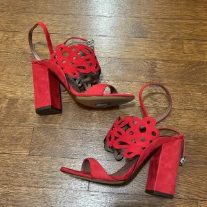 Tabatha Simmons red suede laser cut sandals
