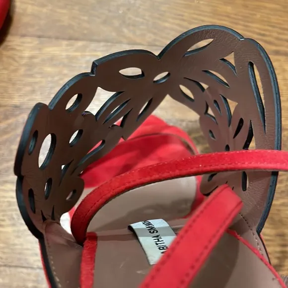 Tabatha Simmons red suede laser cut sandals