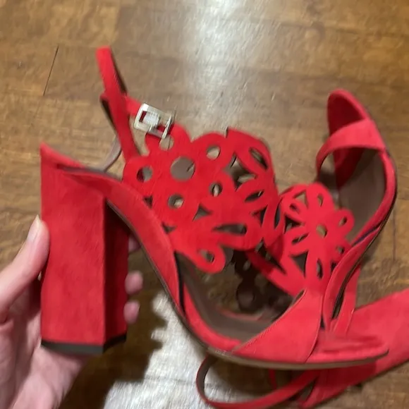 Tabatha Simmons red suede laser cut sandals