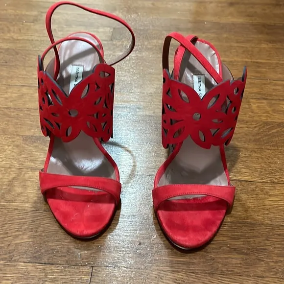 Tabatha Simmons red suede laser cut sandals