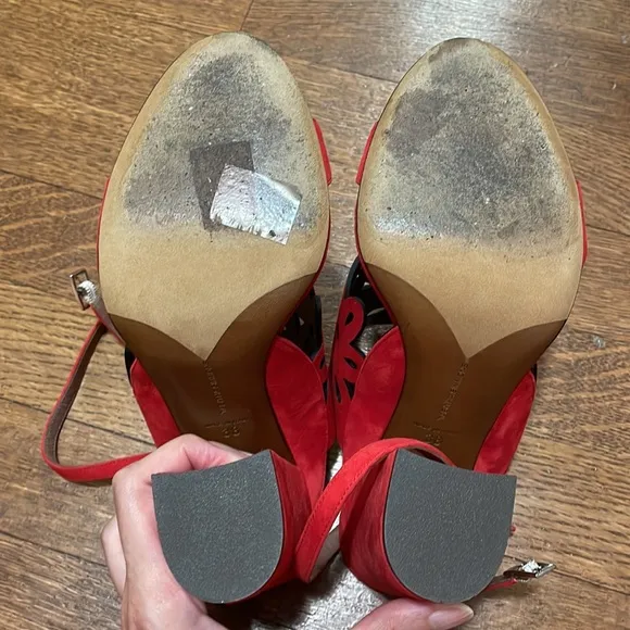 Tabatha Simmons red suede laser cut sandals