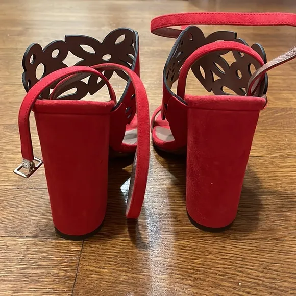 Tabatha Simmons red suede laser cut sandals