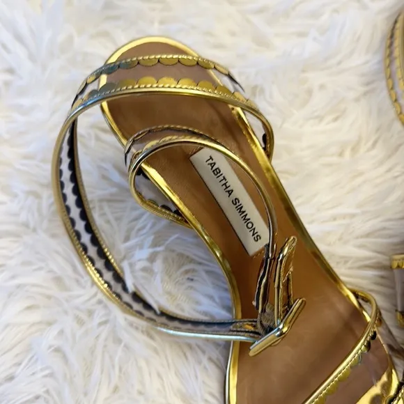 Tabitha Simmons Gold PVC block heel ankle strap sandals women size 5.5 35.5