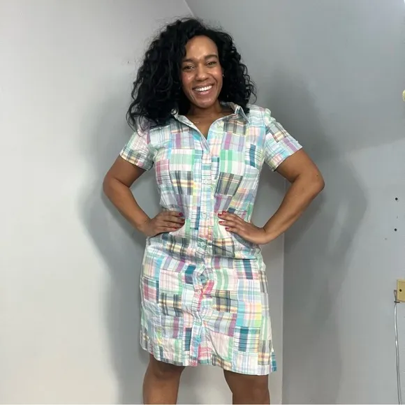 Talbots gingham plaid shirt dress patchwork pastel midi preppy derby patchwork