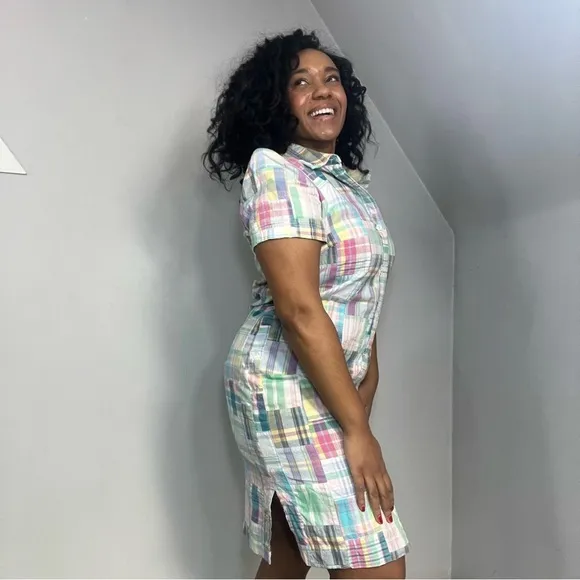 Talbots gingham plaid shirt dress patchwork pastel midi preppy derby patchwork