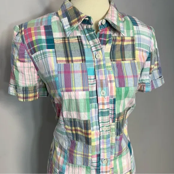 Talbots gingham plaid shirt dress patchwork pastel midi preppy derby patchwork