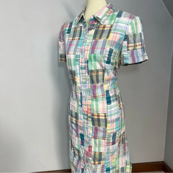 Talbots gingham plaid shirt dress patchwork pastel midi preppy derby patchwork