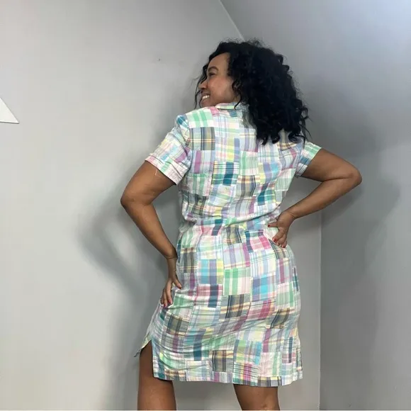 Talbots gingham plaid shirt dress patchwork pastel midi preppy derby patchwork
