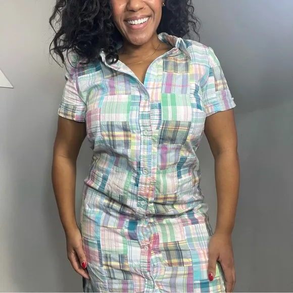 Talbots gingham plaid shirt dress patchwork pastel midi preppy derby patchwork
