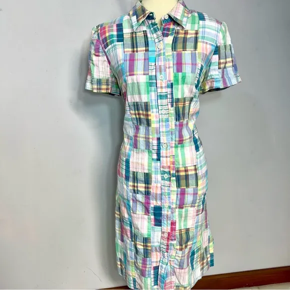 Talbots gingham plaid shirt dress patchwork pastel midi preppy derby patchwork