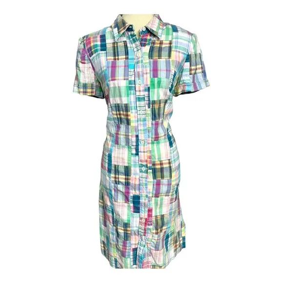 Talbots gingham plaid shirt dress patchwork pastel midi preppy derby patchwork