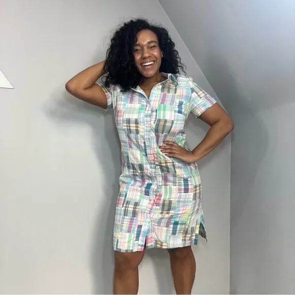 Talbots gingham plaid shirt dress patchwork pastel midi preppy derby patchwork