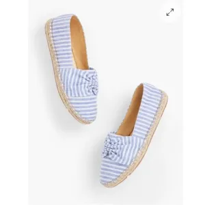 Talbots Izzy Knot Linen Espadrilles Flats Blue White Chambray 11 Beach Coastal