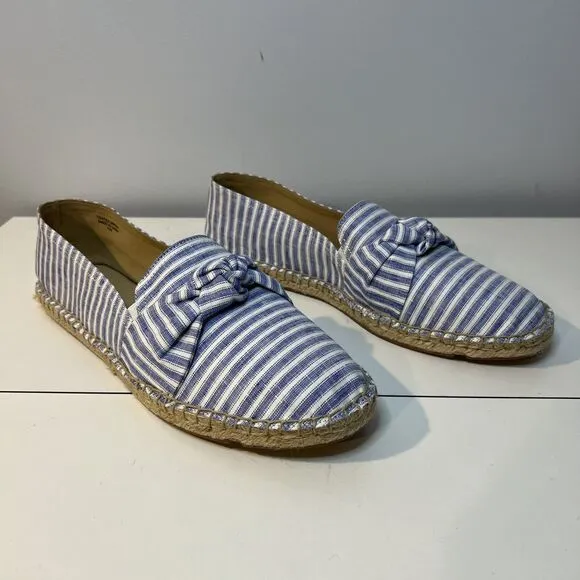 Talbots Izzy Knot Linen Espadrilles Flats Blue White Chambray 11 Beach Coastal