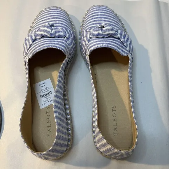 Talbots Izzy Knot Linen Espadrilles Flats Blue White Chambray 11 Beach Coastal