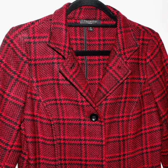 Talbots Plaid Houndstooth Red and Black Unstructured Wool Jacket