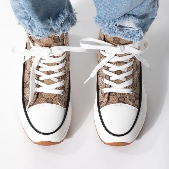 Tan Printed Converse like Platform Sneakers
