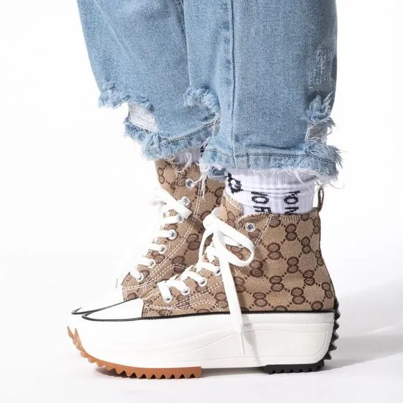 Tan Printed Converse like Platform Sneakers