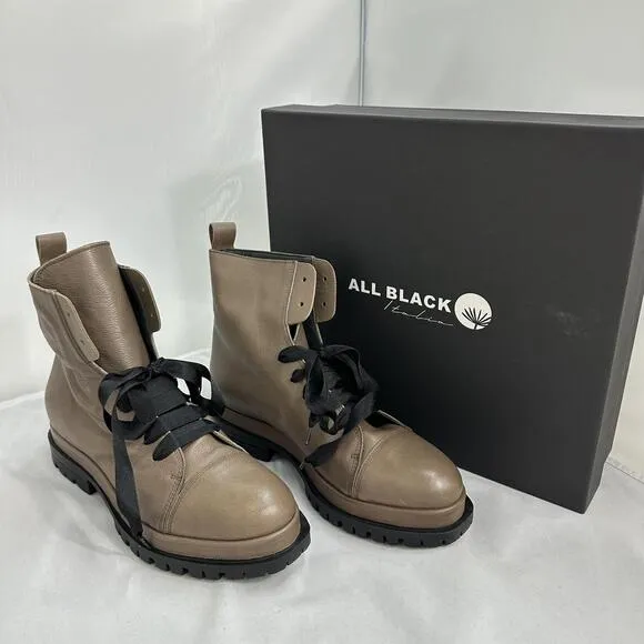 Taupe Leather Lace-Up Combat Boots (9)