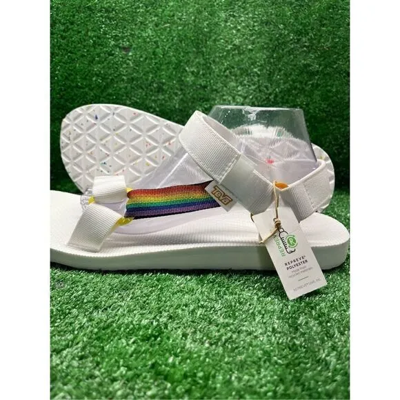TEVA Strap Sandals Universal Pride White Rainbow Stripe men’s 12 New
