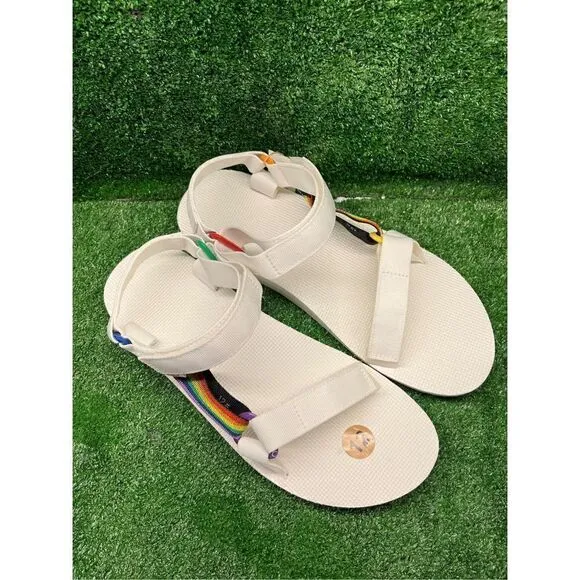 TEVA Strap Sandals Universal Pride White Rainbow Stripe men’s 12 New
