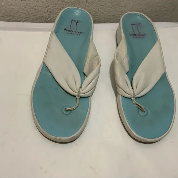 THIERRY RABOTIN white  Soft Leather Flat Slip On Thong Sandals Size 40/9.5