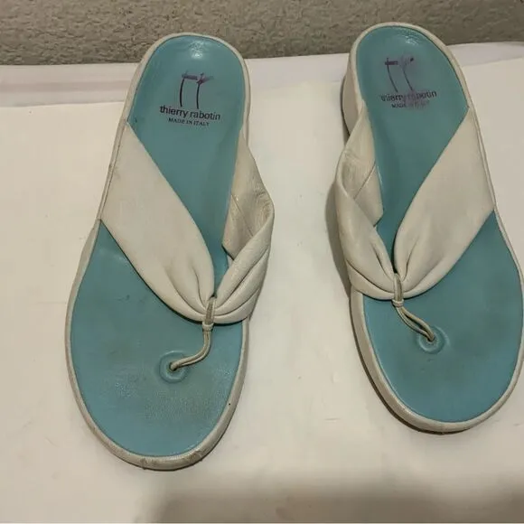 THIERRY RABOTIN white  Soft Leather Flat Slip On Thong Sandals Size 40/9.5