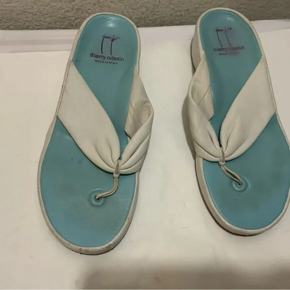 THIERRY RABOTIN white  Soft Leather Flat Slip On Thong Sandals Size 40/9.5