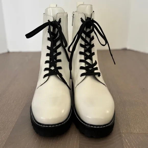 Thursday Boot Co Combat Boots White Black Sz 10 Patent Leather Biker Baddie‎