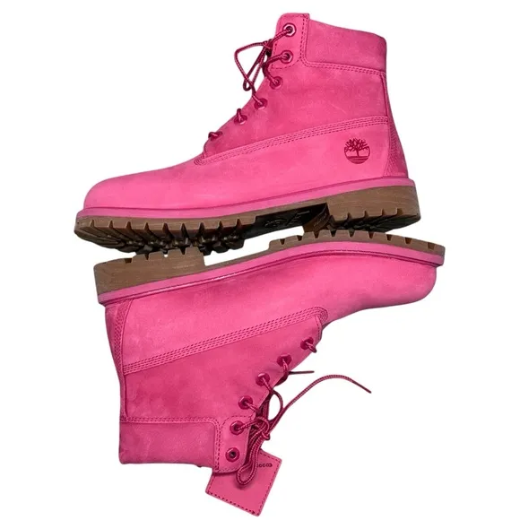 Timberland Pink Girly Leather Combat Boots 50th Anniversary Streetwear Lug Sole