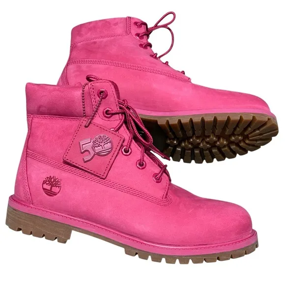 Timberland Pink Girly Leather Combat Boots 50th Anniversary Streetwear Lug Sole