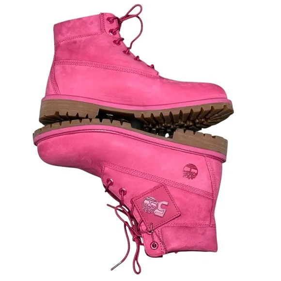 Timberland Pink Girly Leather Combat Boots 50th Anniversary Streetwear Lug Sole