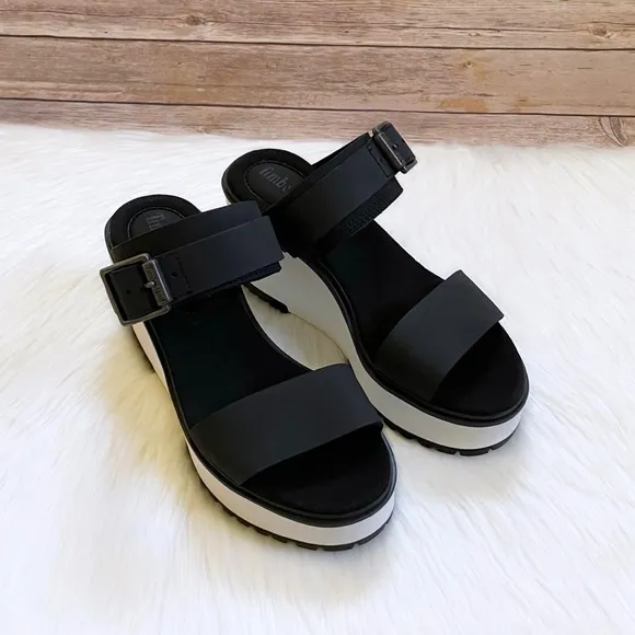 Timberland Women’s Black Koralyn Wedge 2 Band Nubuck Leather Sandals