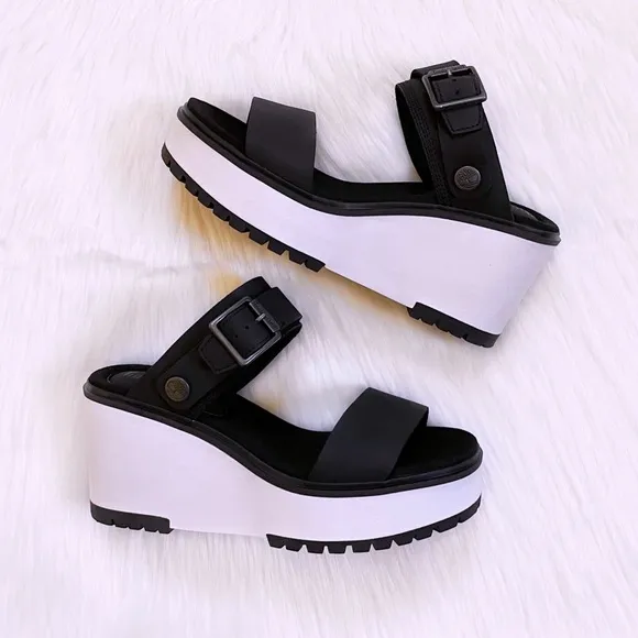 Timberland Women’s Black Koralyn Wedge 2 Band Nubuck Leather Sandals