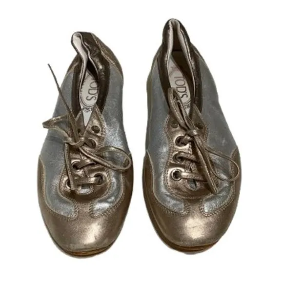 Tod's Made in Italy Silver &amp; Rose Gold Ballet Slippers 7 Luxury, Elegant, Chic