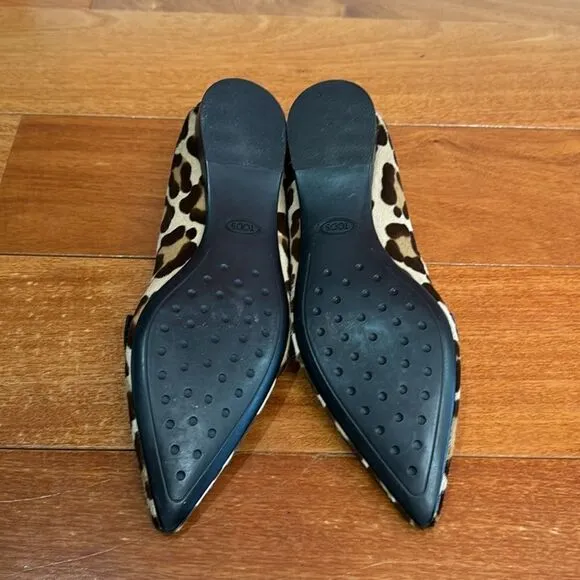 Tod’s Pony-style calfskin leopard print pointed Toe ballet flat Size 36