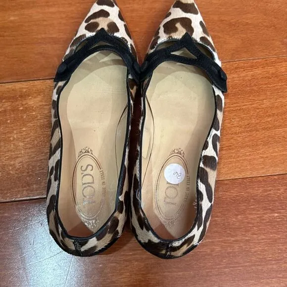 Tod’s Pony-style calfskin leopard print pointed Toe ballet flat Size 36