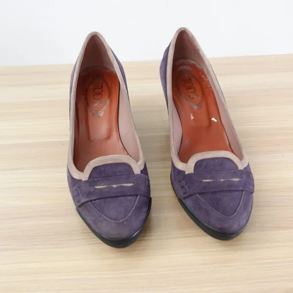 TODS Pump Shoes Womens 37 6 Purple Wedge Suede Sandals Slip On ITALY