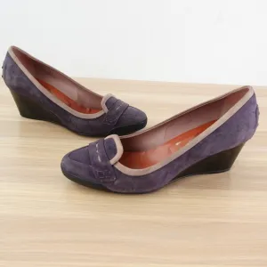 TODS Pump Shoes Womens 37 6 Purple Wedge Suede Sandals Slip On ITALY