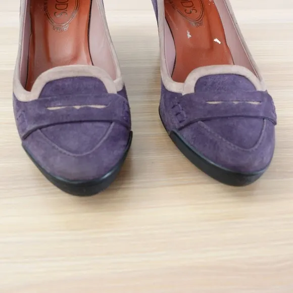 TODS Pump Shoes Womens 37 6 Purple Wedge Suede Sandals Slip On ITALY