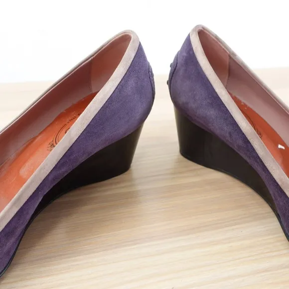 TODS Pump Shoes Womens 37 6 Purple Wedge Suede Sandals Slip On ITALY