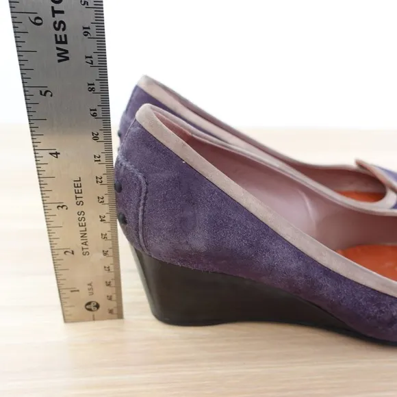 TODS Pump Shoes Womens 37 6 Purple Wedge Suede Sandals Slip On ITALY