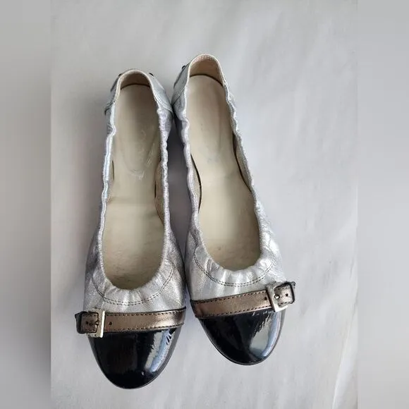 Tod's Silver Scrunch Ballet Flats with Black Patent Leather Buckle Toe Size 7.5