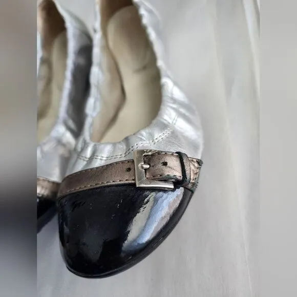 Tod's Silver Scrunch Ballet Flats with Black Patent Leather Buckle Toe Size 7.5