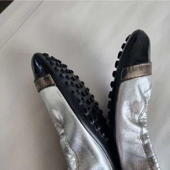 Tod's Silver Scrunch Ballet Flats with Black Patent Leather Buckle Toe Size 7.5